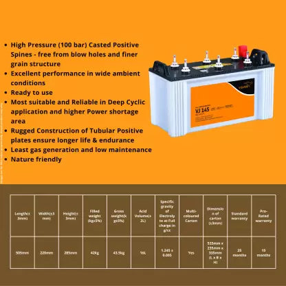 V-Guard VJ145 Flat Tubular Battery 135Ah C20@27C