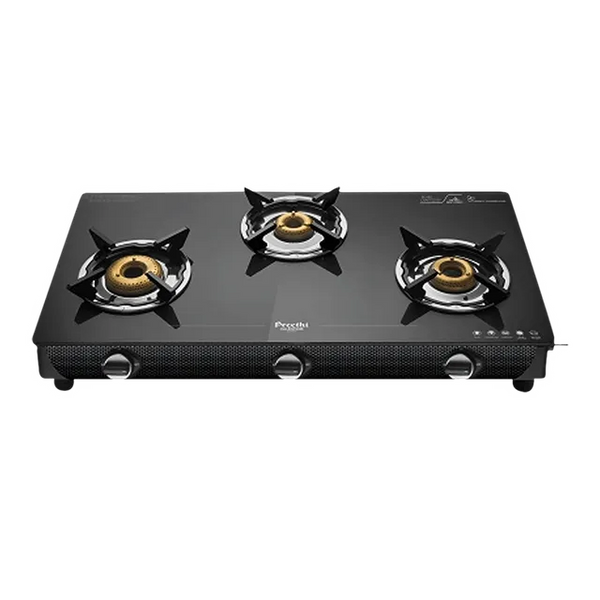 Preethi Valentino Glass top 3 Burner Gas Stove, Manual Ignition, Black