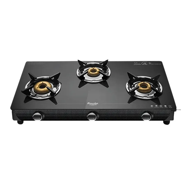 Preethi Valentino Glass top 3 Burner Gas Stove, Manual Ignition, Black