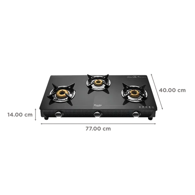 Preethi Valentino Glass top 3 Burner Gas Stove, Manual Ignition, Black