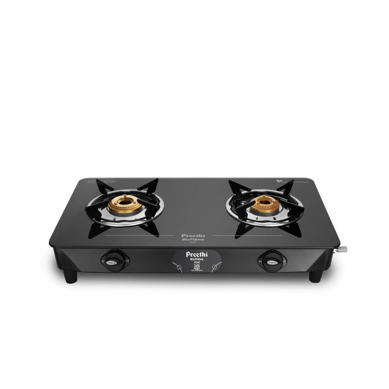 Preethi Blu Flame Zeal Plus Glass Top 2-Burner Manual Gas Stove (Black)