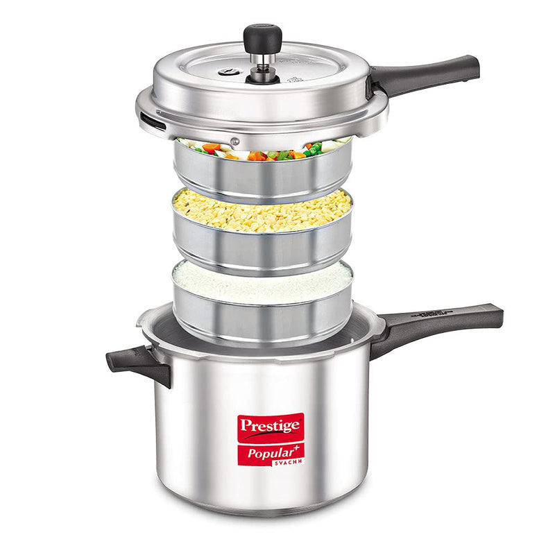 Prestige Popular Plus Svachh Virgin Aluminium Spillage Control Outer Lid Pressure Cooker, 5 L (Silver)