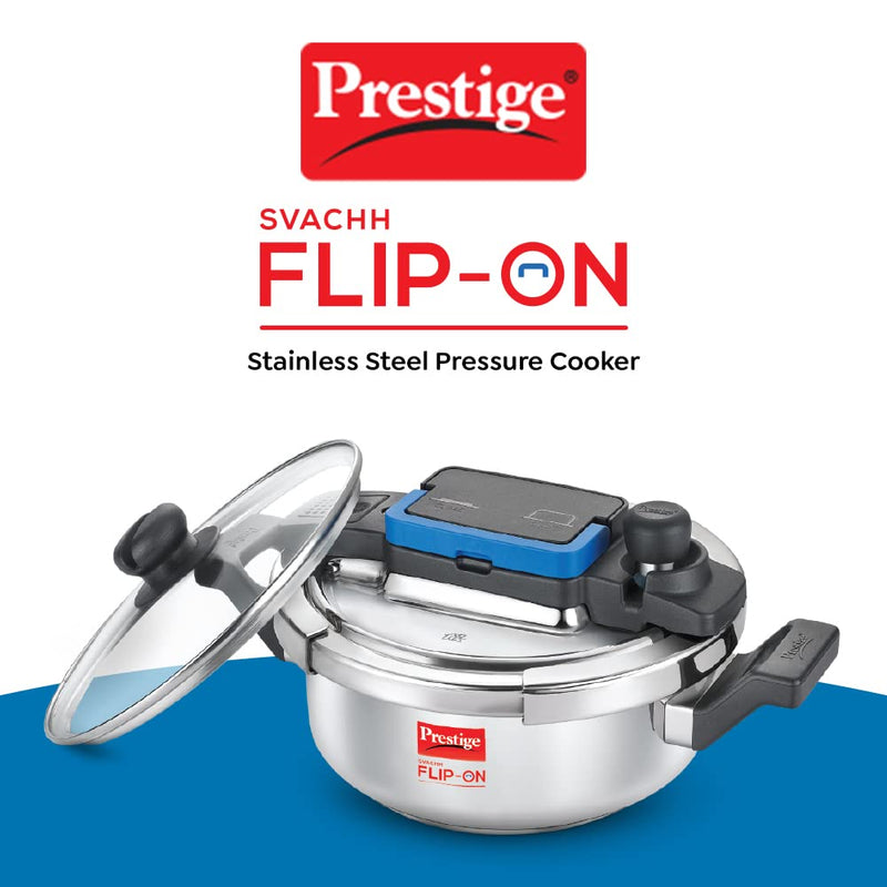 Prestige 3L Svachh FLIP-ON Stainless Steel Pressure Cooker with glass lid|Innovative lock lid with spillage control|Gas & Induction compatible