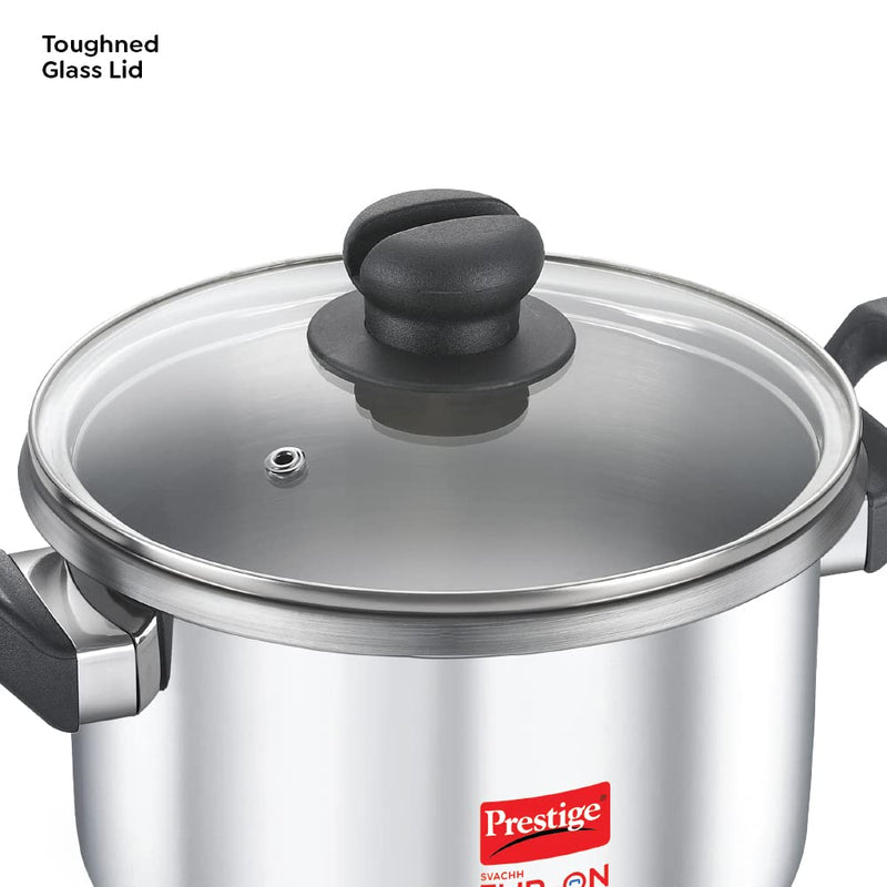 Prestige 5L Svachh FLIP-ON Stainless Steel Tri-ply bottom Pressure Cooker with glass lid|Innovative lock lid with spillage control|Gas & Induction compatible