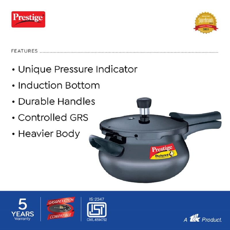 Prestige Deluxe Plus Hard Anodised Aluminium Outer Lid Pressure Cooker Handi, 3 Litre, Black, 3 Liter