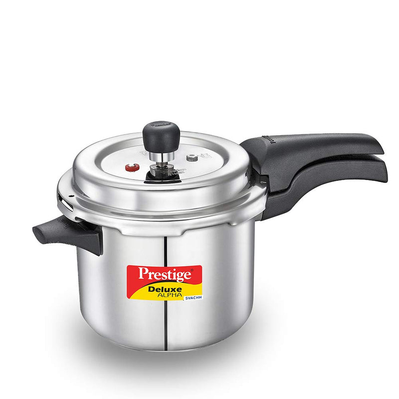 Prestige Svachh Deluxe Alpha Induction Base Outer Lid Stainless Steel Pressure Cooker | Deep Lid controls spillage | 3.5 Litres | Silver | Pressure Indicator | Straight Wall | Gasket-Release System