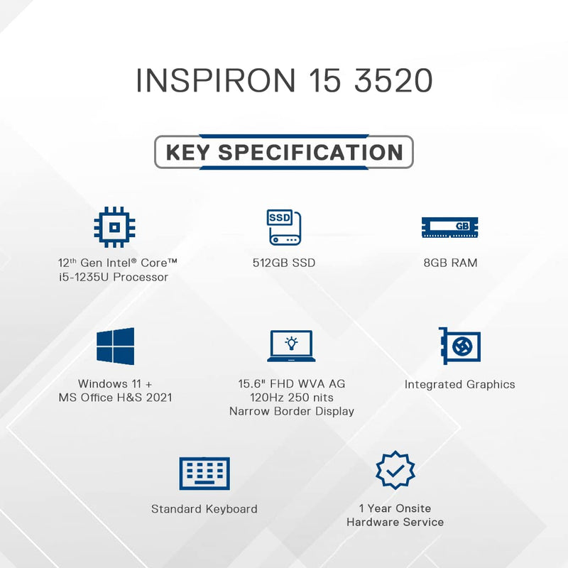 Dell Inspiron 3520 Laptop, 12th Gen Intel Core i5-1235U Processor, 8GB, 512GB SSD, 15.6" (39.62Cms) FHD Display