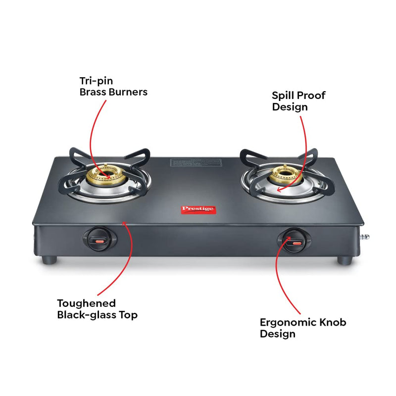 Prestige Magic plus Toughened Glass-Top 2 Brass Burner LPG Gas Stove(GTMP-02)