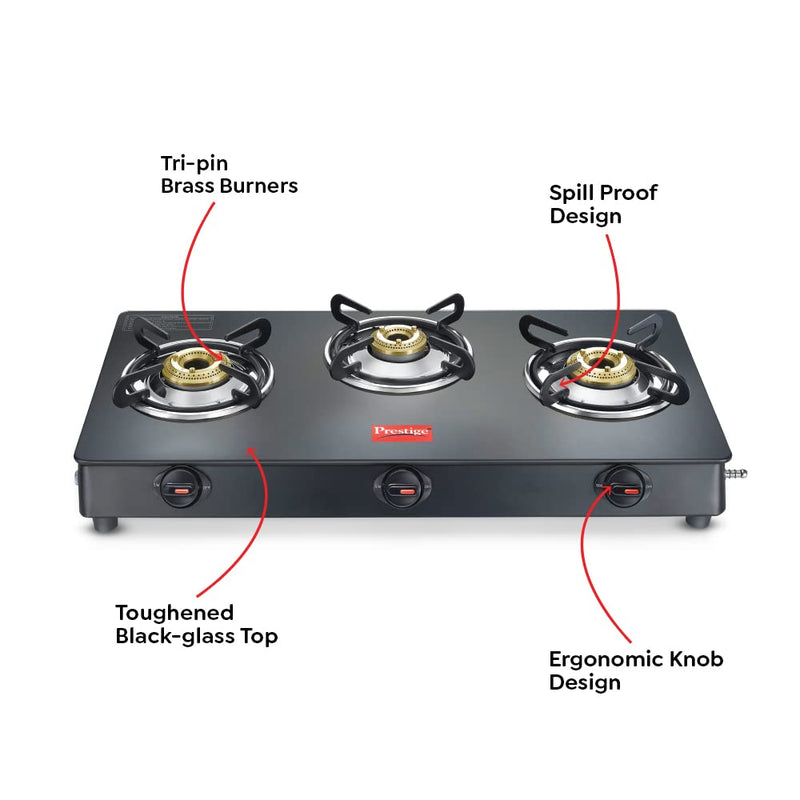 Prestige Magic plus Toughened Glass-Top 3 Brass Burner LPG Gas Stove(GTMP-03) | Black Spill Proof Design | Ergonomic Knob | Tri-Pin Burner