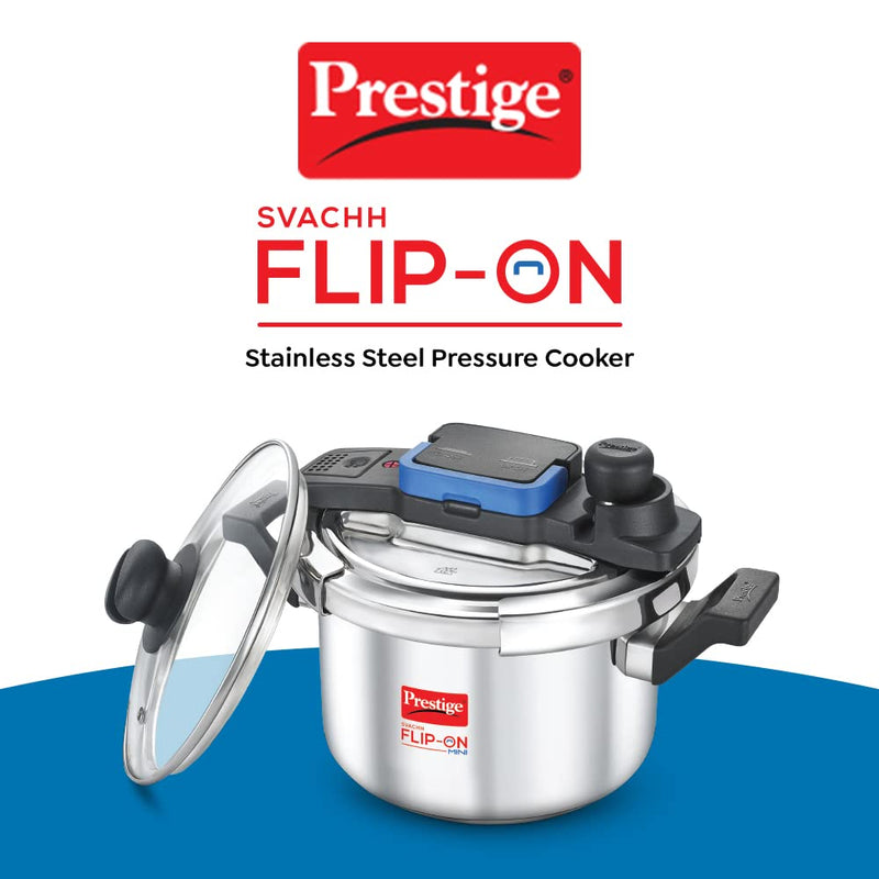 Prestige 5L Svachh FLIP-ON Stainless Steel Tri-ply bottom Pressure Cooker with glass lid|Innovative lock lid with spillage control|Gas & Induction compatible