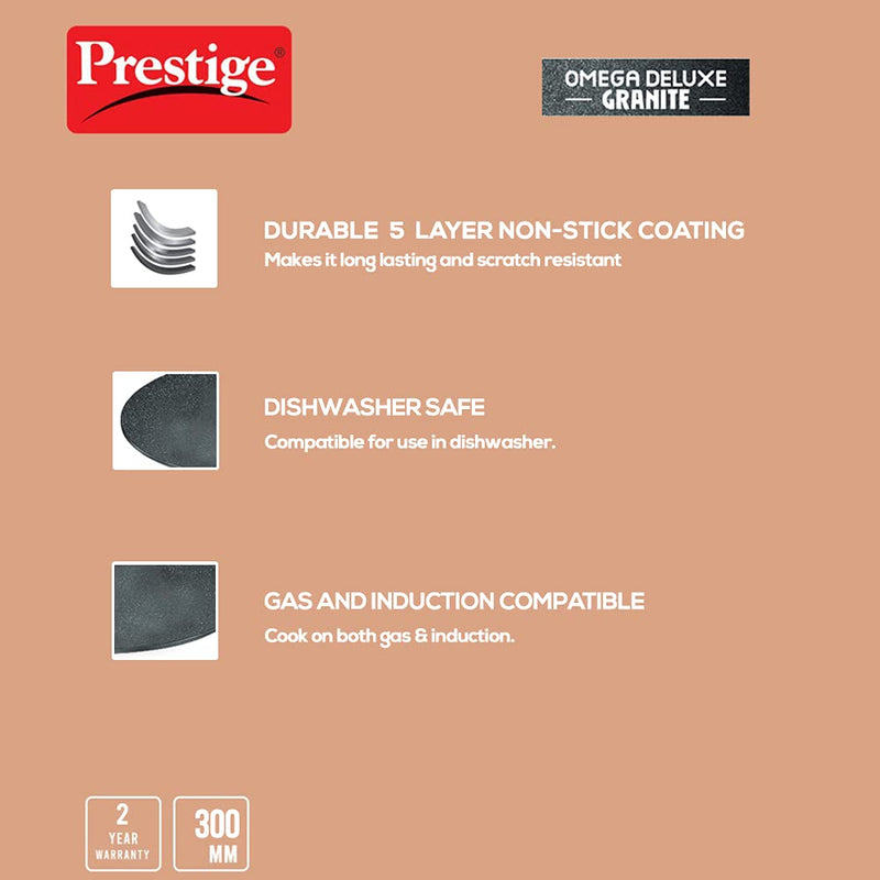 Prestige Omega Deluxe Granite 30cm Non-Stick Dosa Tawa|Scratch and Abrasion Resistant |Gas & Induction Compatible