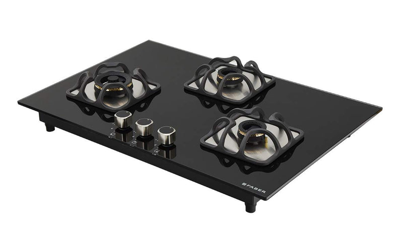 Faber Mild Steel Hobtop Imperia Plus 783 BRB Ci Bk 3 Brass Burner Auto Electric Ignition Glass Top (Black)