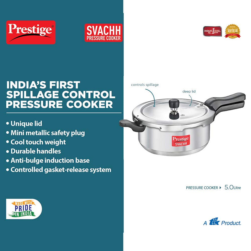 Prestige Svachh Aluminium Senior Deep Pan Outer Lid Pressure Cooker, 5L, Silver