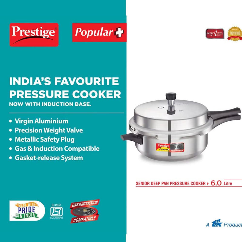 Prestige Popular Plus Induction Base Senior Deep Pan, 6 Liters, Silver, Aluminium, Outer Lid