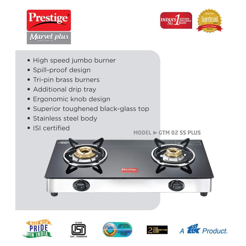 Prestige Marvel Plus Stainless Steel 2 Brass Burner Manual Glass Top Gas Stove