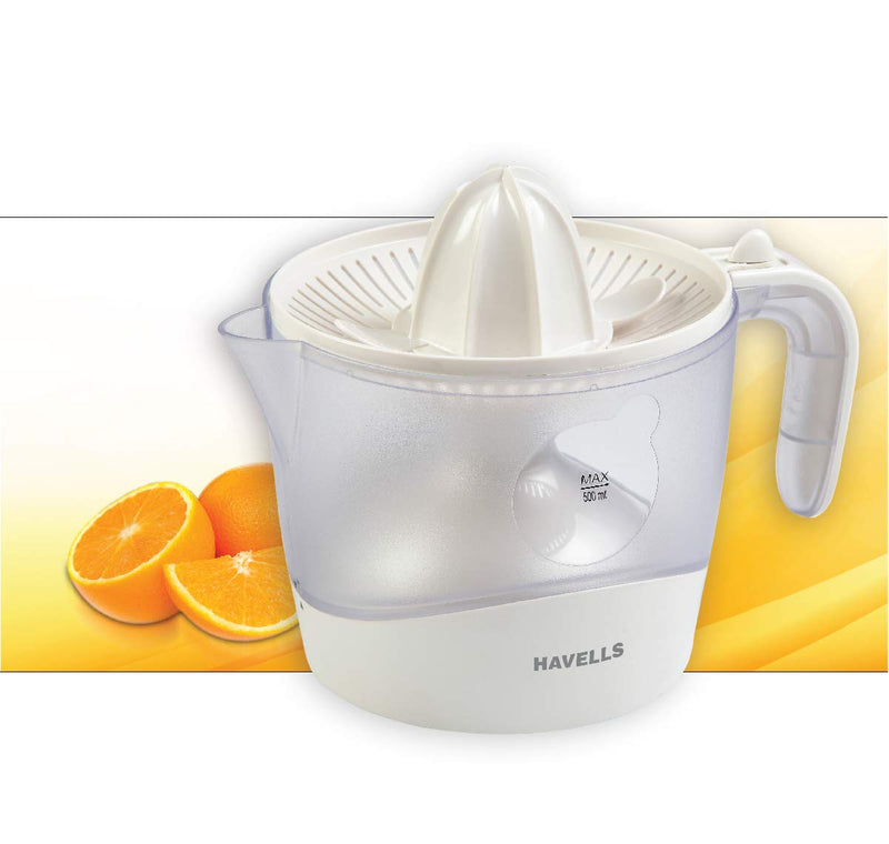 Havells Citrus Press 30 Watt (0.5 L) Juicer With 2 Different Sized Pressing Cones, Transparent Dust Cover Lid