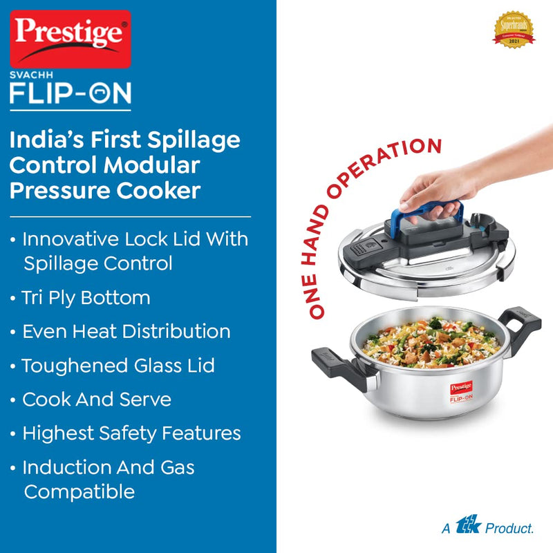 Prestige 3L Svachh FLIP-ON Stainless Steel Pressure Cooker with glass lid|Innovative lock lid with spillage control|Gas & Induction compatible