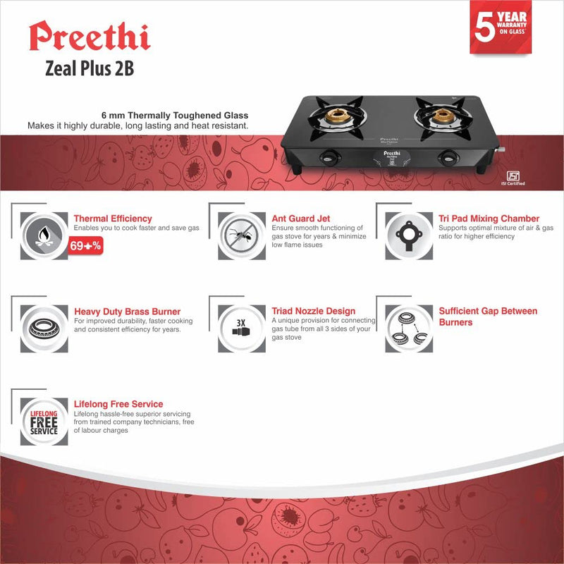 Preethi Blu Flame Zeal Plus Glass Top 2-Burner Manual Gas Stove (Black)