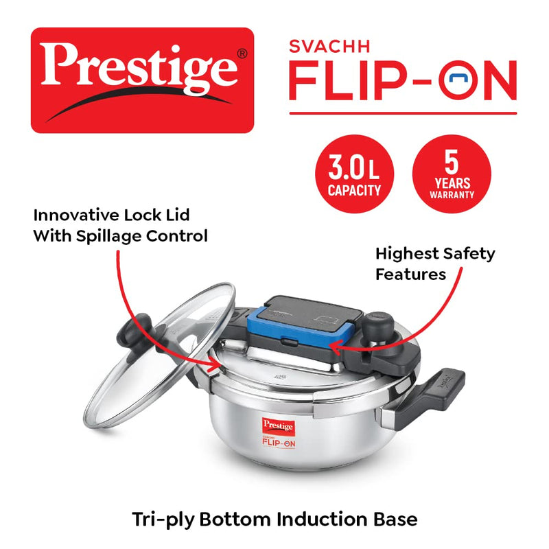 Prestige 3L Svachh FLIP-ON Stainless Steel Pressure Cooker with glass lid|Innovative lock lid with spillage control|Gas & Induction compatible