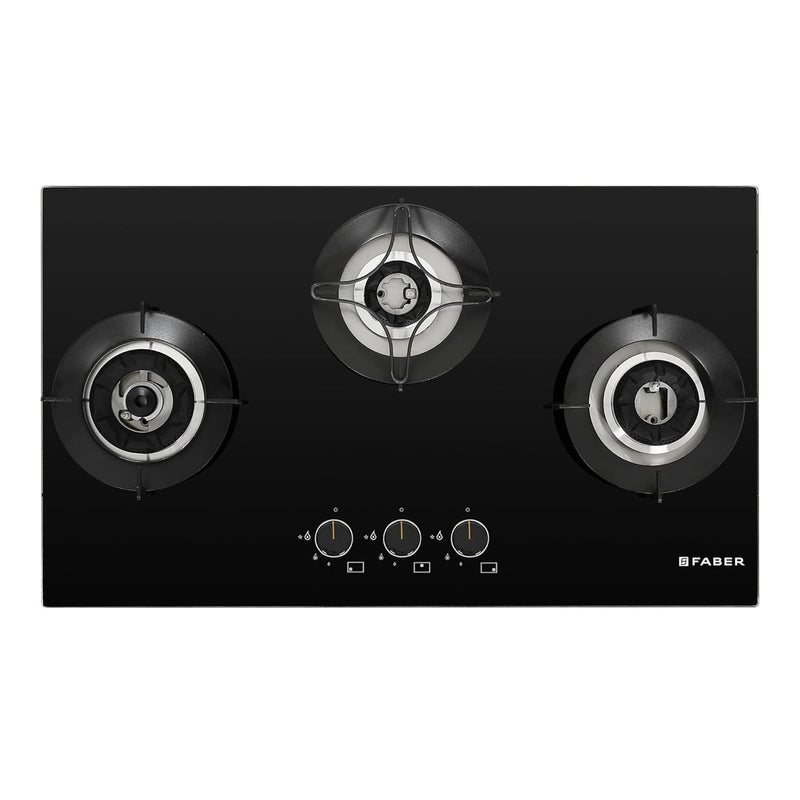 Faber Hob 3 Burner | Auto-Ignition | Spillage Proof | HOB SUPERIA HT763 BR AI | Concealed Chamber | Metal Knobs | Pan Support | Black Glass Finish