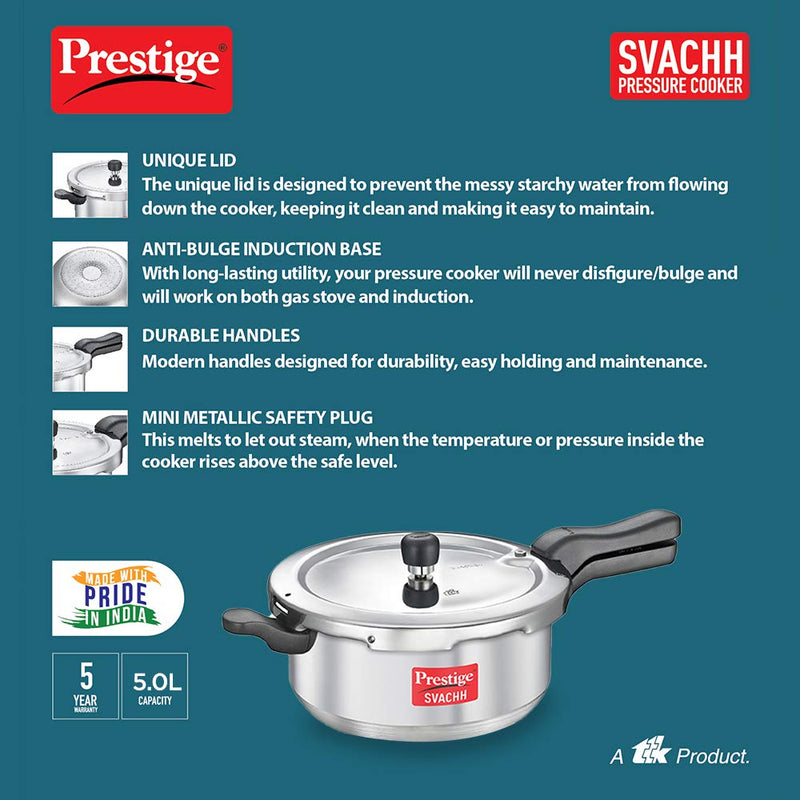 Prestige Svachh Aluminium Senior Deep Pan Outer Lid Pressure Cooker, 5L, Silver