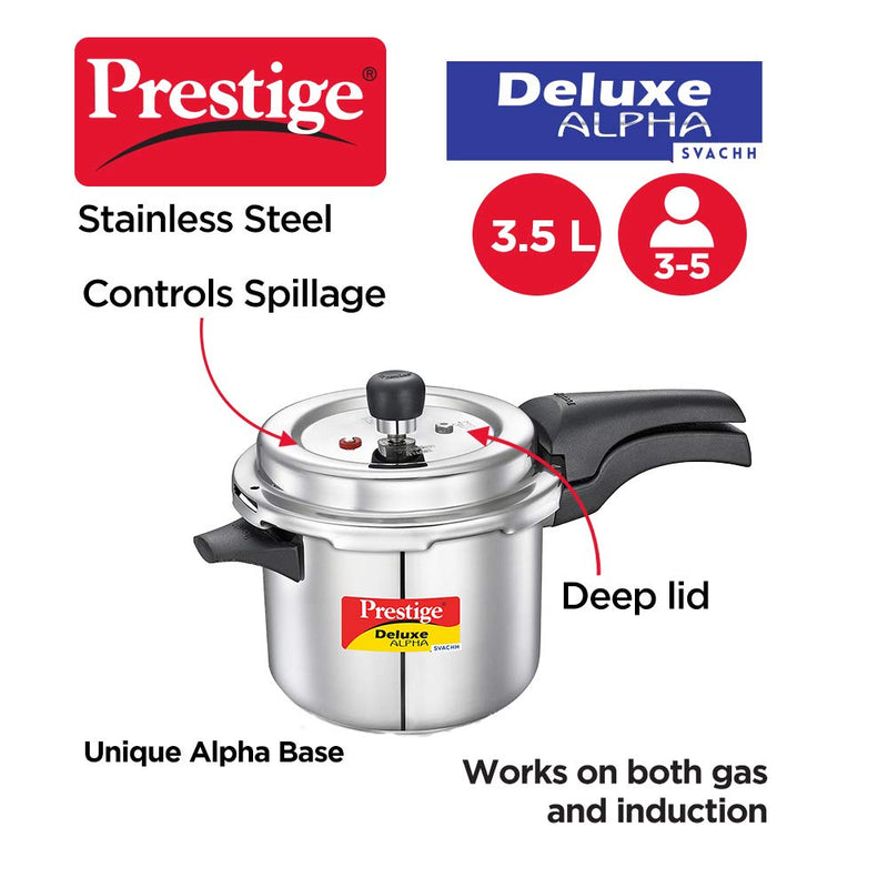 Prestige Svachh Deluxe Alpha Induction Base Outer Lid Stainless Steel Pressure Cooker | Deep Lid controls spillage | 3.5 Litres | Silver | Pressure Indicator | Straight Wall | Gasket-Release System