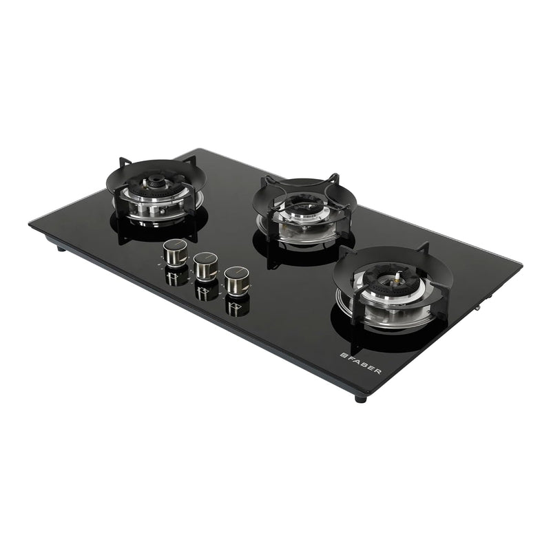 Faber Hob 3 Burner | Auto-Ignition | Spillage Proof | HOB SUPERIA HT763 BR AI | Concealed Chamber | Metal Knobs | Pan Support | Black Glass Finish