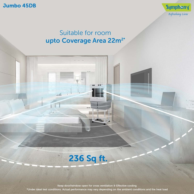 Symphony Jumbo 45 DB Desert Air Cooler For Home with Aspen Pads, Powerful Double Blower