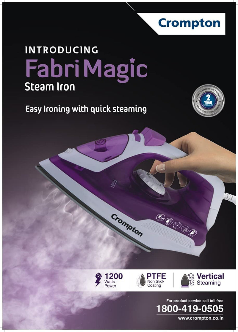Crompton Greaves Fabrimagic 1200 W Steam Iron with 200 ml water tank, Upto 13g /min steam output and Teflon coating soleplate (purple), Small (ACGSI-FABRIMAGIC)