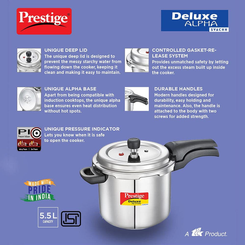Prestige 5.5 Litres Svachh Deluxe Alpha Induction Base Outer Lid Stainless Steel Pressure Cooker | Deep lid controls spillage |Silver | Anti-Bulge Base | Sturdy Handles | Pressure Indicator