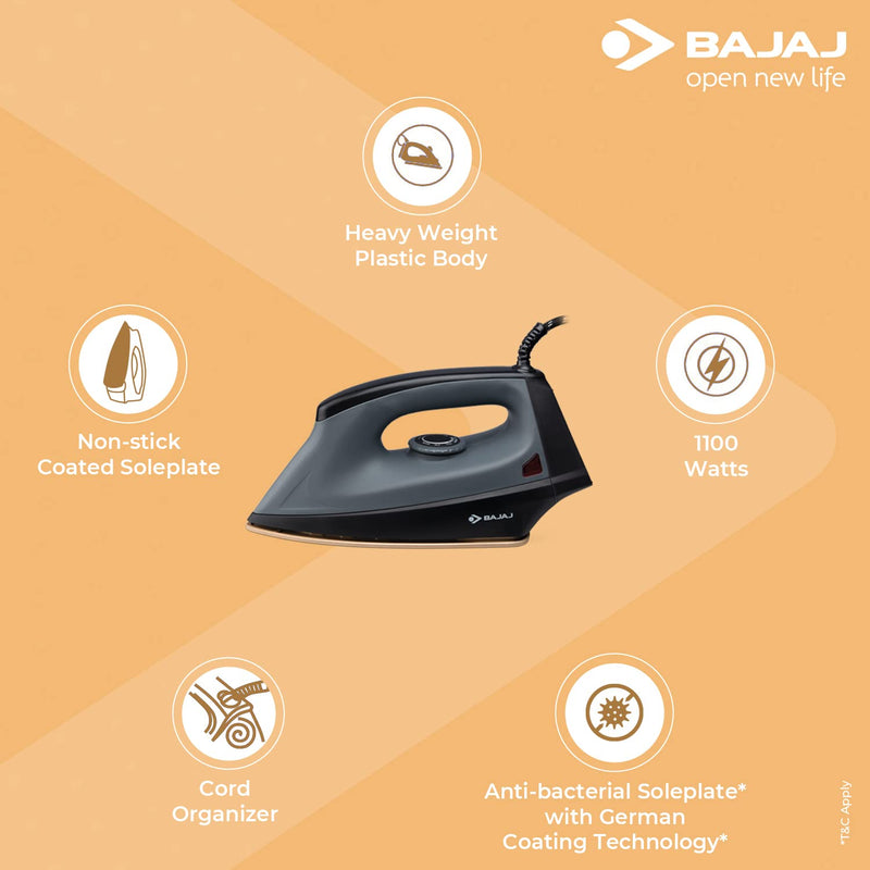 Bajaj Plastic Herculo 1100 Watts Dry Iron, Black & Grey