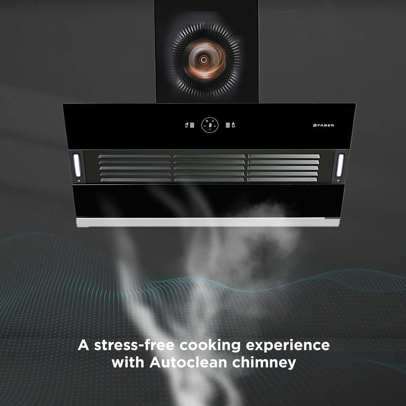 Faber 90 cm 1200 m3/hr Slant, Filterless Auto Clean Chimney, 12Yr Warranty on Motor(2Yr Comprehensive)|| Italian Design (HOOD VERTIGO FL SC AC BK 90, Touch & Gesture Control, Black)