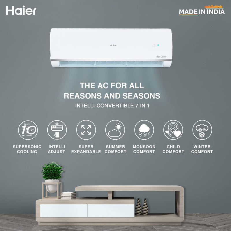 Haier 1 Ton 3 Star Inverter Split AC (Copper, Convertible 7 in 1 Cooling Modes, Antibacterial Filter, 2023 Model White)