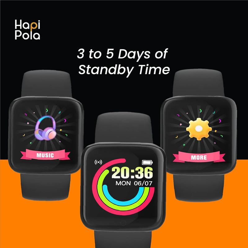 HAPI POLA D20 Stylish Smartwatch for Men and Women, Incoming Call, SMS and Alarm, Smart Watch for Kids, Find Phone, Sleep Monitor, 20+ Sports, Health Control (Black)