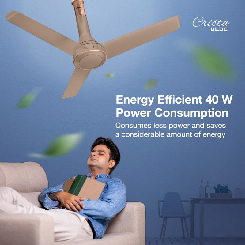 Havells Crista Bldc 1200Mm Premium Ceiling Fan With 100% Pure Copper|5 stars|Watt: 40|Air Flow: 255 Cmm|Speed: 300 Rpm|55 Db|(Champagne Cola)