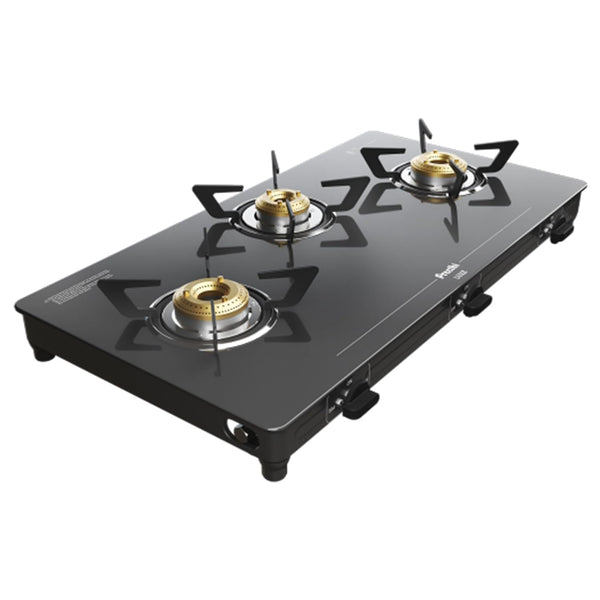 Preethi Luxe 3 Burner Glass Top Gas Stove With Driptray Less Infinity Design, 5 Year Warranty on Glass & Burner, Manual Design, Black