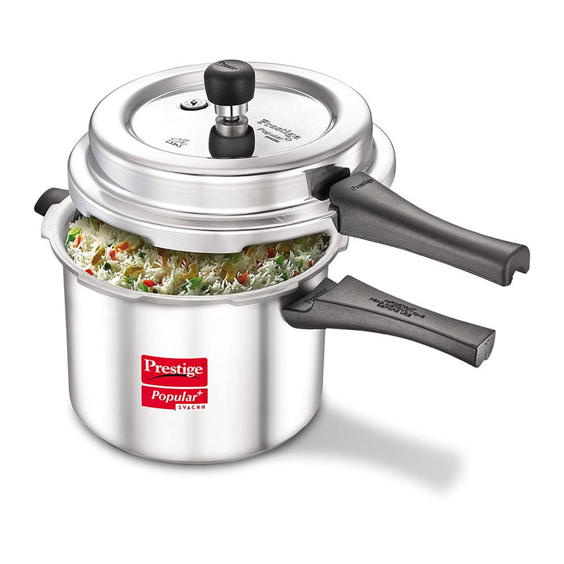 Prestige Popular Plus Svachh Virgin Aluminium Spillage Control Outer Lid Pressure Cooker, 5 L (Silver)