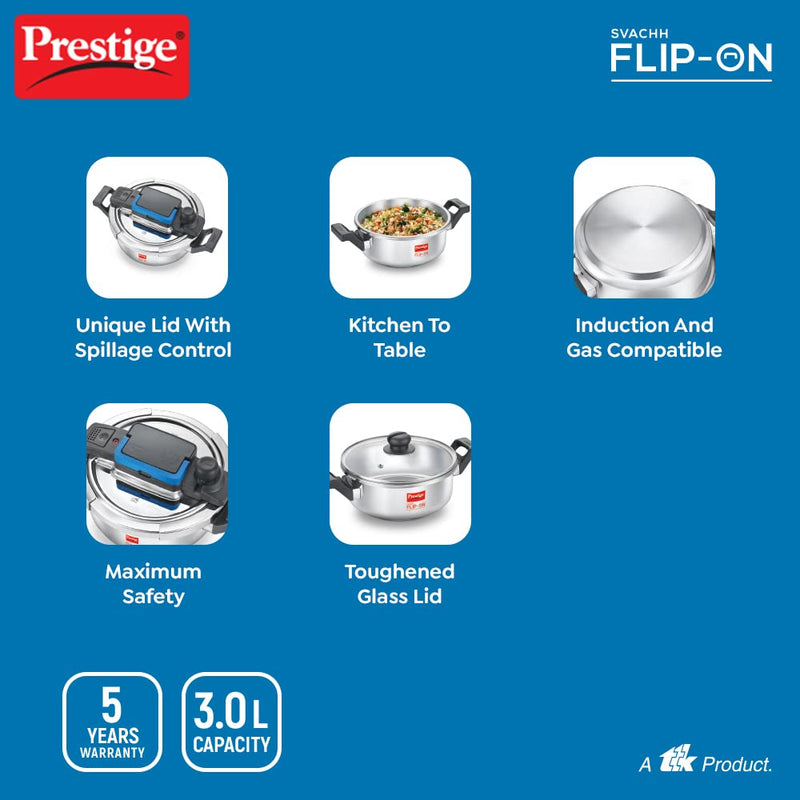 Prestige 3L Svachh FLIP-ON Stainless Steel Pressure Cooker with glass lid|Innovative lock lid with spillage control|Gas & Induction compatible