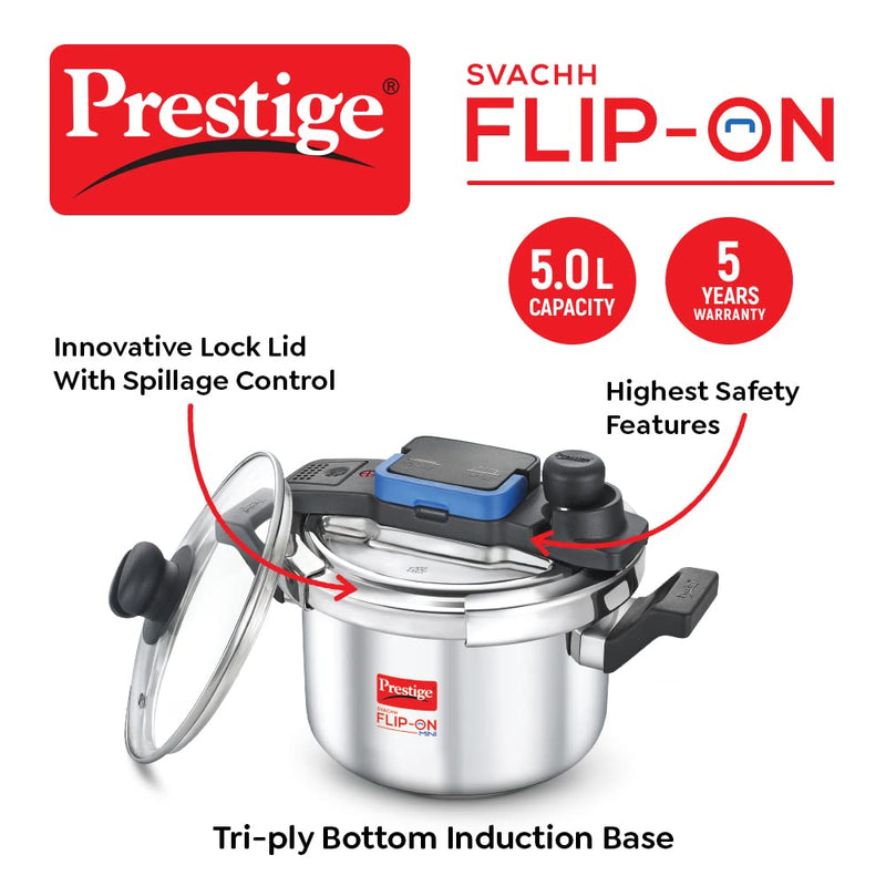 Prestige 5L Svachh FLIP-ON Stainless Steel Tri-ply bottom Pressure Cooker with glass lid|Innovative lock lid with spillage control|Gas & Induction compatible