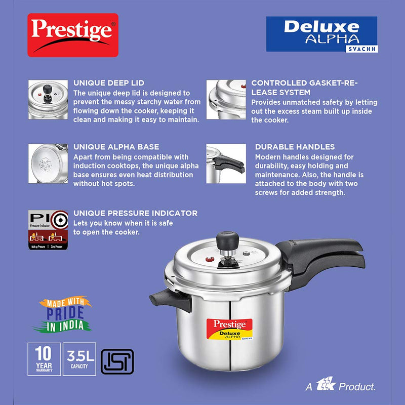 Prestige Svachh Deluxe Alpha Induction Base Outer Lid Stainless Steel Pressure Cooker | Deep Lid controls spillage | 3.5 Litres | Silver | Pressure Indicator | Straight Wall | Gasket-Release System