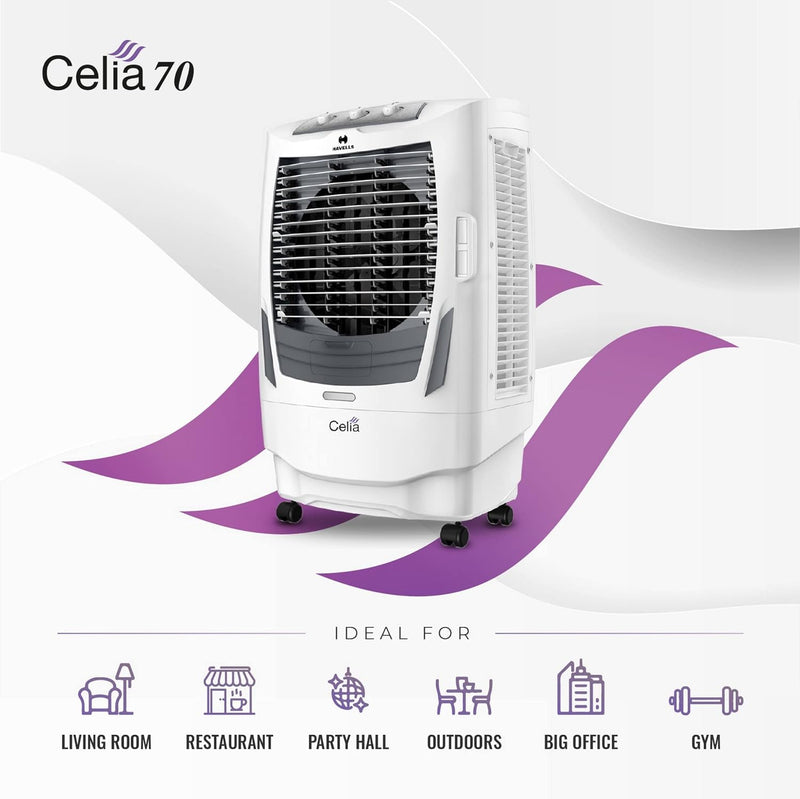 Havells Celia 70L Air Cooler for home | Ice Chamber | Collapsible Louvers | 4 Leaf Metal Blade | Powerful Air Delivery | Everlast Pump | 3 Side High Density Honeycomb Pads