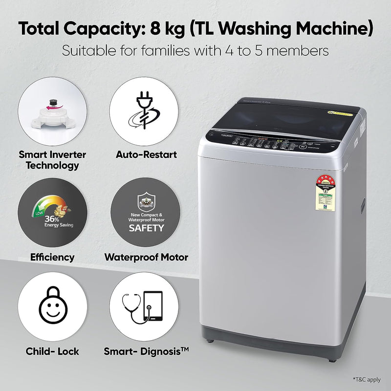 LG 8.0 Kg Inverter Fully-Automatic Top Loading Washing Machine (T80SJSF1Z, Middle Free Silver)