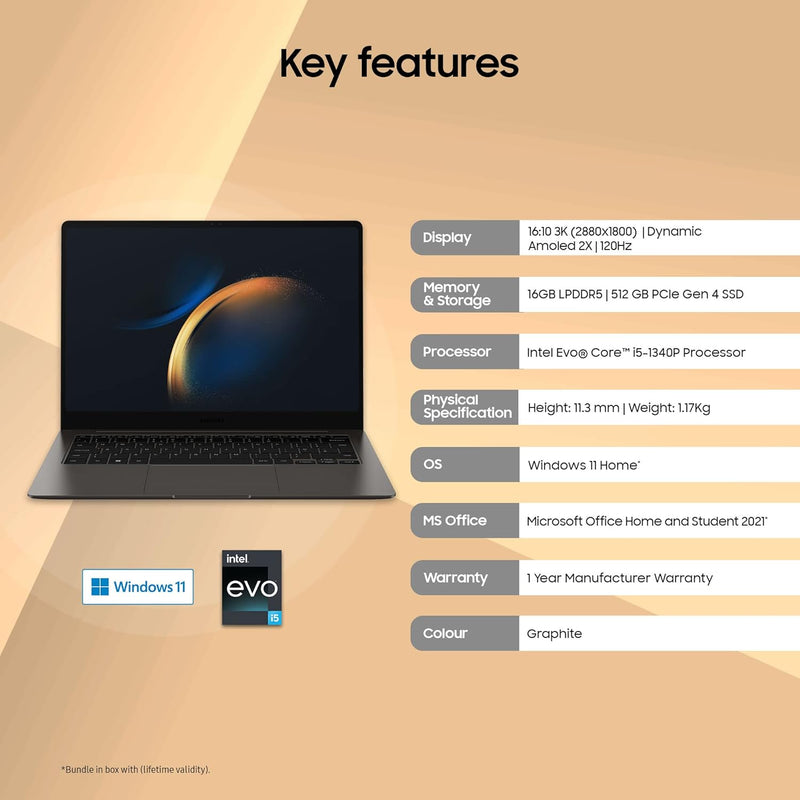 Samsung Galaxy Book3 Pro Intel 13th Gen i5 EvoTM 35.56cm(14") Dynamic Amoled 2X, 3K Display, 120Hz, Ultra Thin & Light Laptop(16 GB/512 GB SSD/Windows 11/MS Office/Graphite
