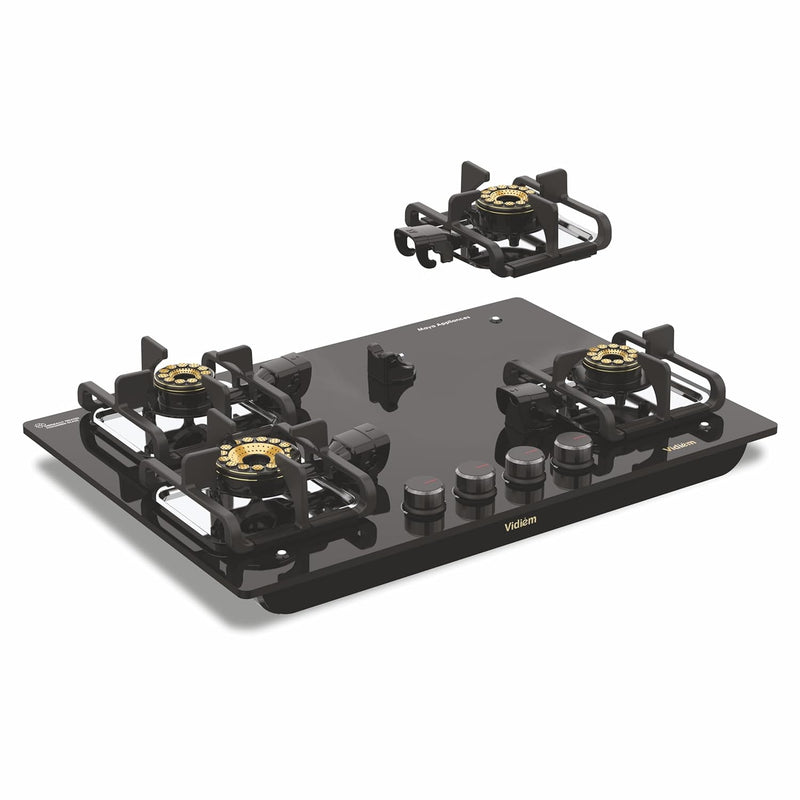 Vidiem Vogue V1 4-Burner Gas Cooktop/Hob | World's First Fully Removable Burner Assembly | 10MM Toughened Glass