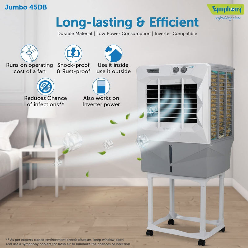 Symphony Jumbo 45 DB Desert Air Cooler For Home with Aspen Pads, Powerful Double Blower