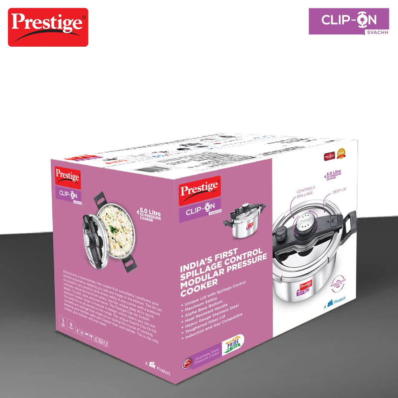 Prestige 5 Litres Svachh Clip-on Induction Base Outer Lid Stainless Steel Pressure cooker | Easy to Open lid | Deep Lid controls spillage