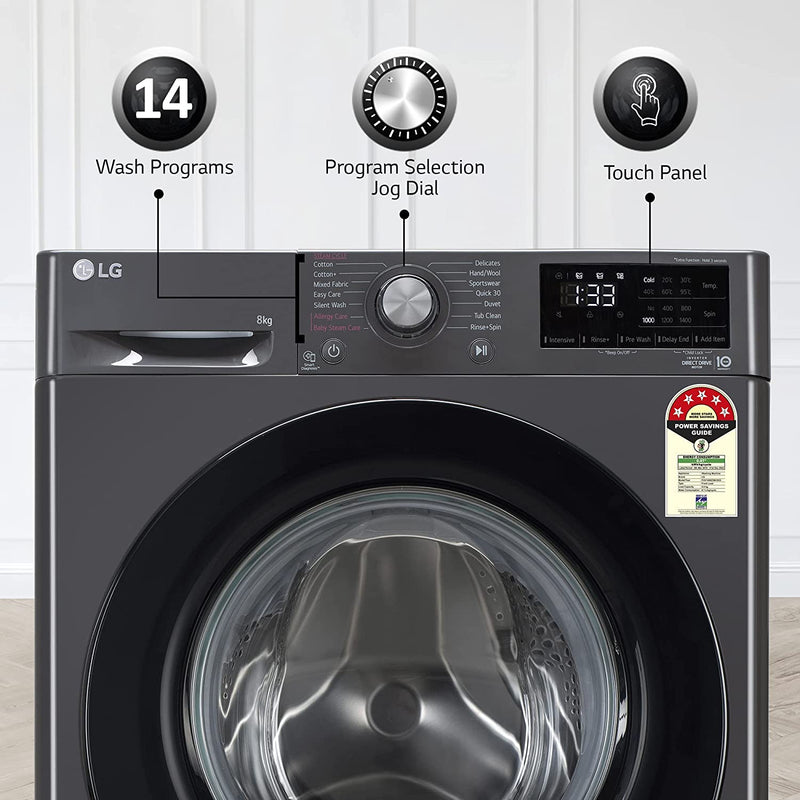 LG 8 Kg 5 Star Inverter Fully-Automatic Front Loading Washing Machine with Inbuilt heater (FHV1408Z2M, Middle Black, AI DD Technology & Steam for Hygiene)