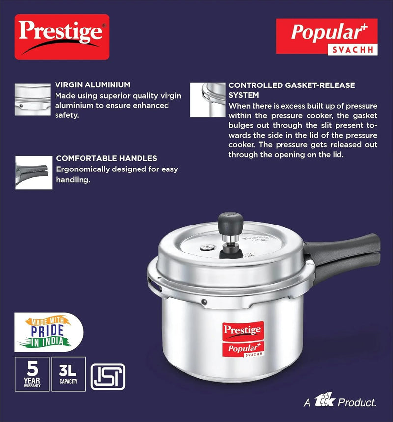 Prestige Popular Plus Svachh Virgin Aluminium Gas and Induction Compatible Outer Lid Pressure Cooker, 3 L (Silver)