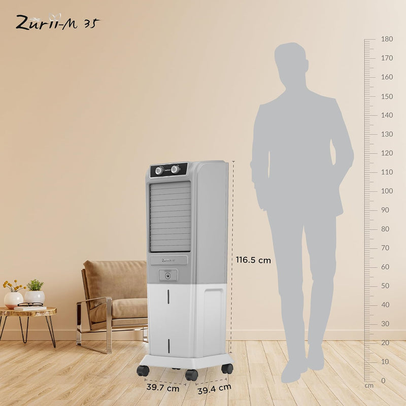 Havells Zurii-M 35 Litres Tower Cooler; Powerful Air-Delivery - 1250m3/hr; Fully Collapsible Louvers; Cord Winding Station at Rear; Bacteria Shield Honeycomb Pad Technology (35L, Grey & Light Grey)