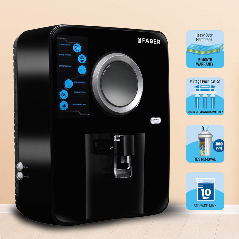 Faber Altroz (RO+UV+UF+MAT) with Heavy Duty Membrane Upto 3000 TDS Water Purifier, Black, 10 Liter